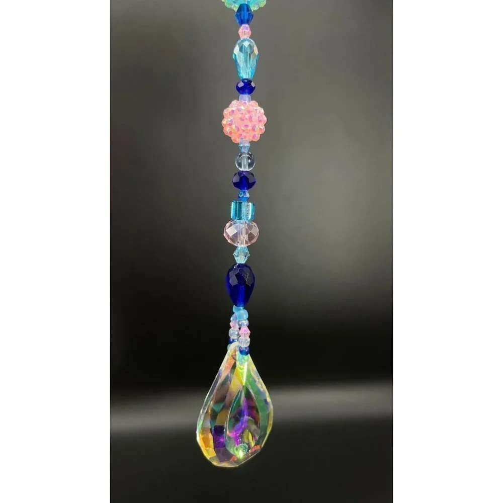 Beaded Suncatcher - Blue Pink - Clear Crystal Prism - Hanging Decor Yard Art